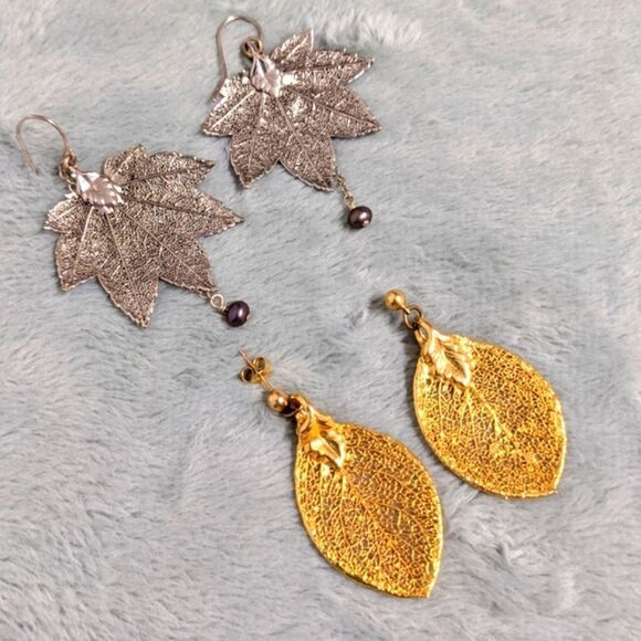 Vintage 80s Silver-plated/Gold Filled Leaf Motif Earrings Made from Real Leaves - Picture 7 of 16